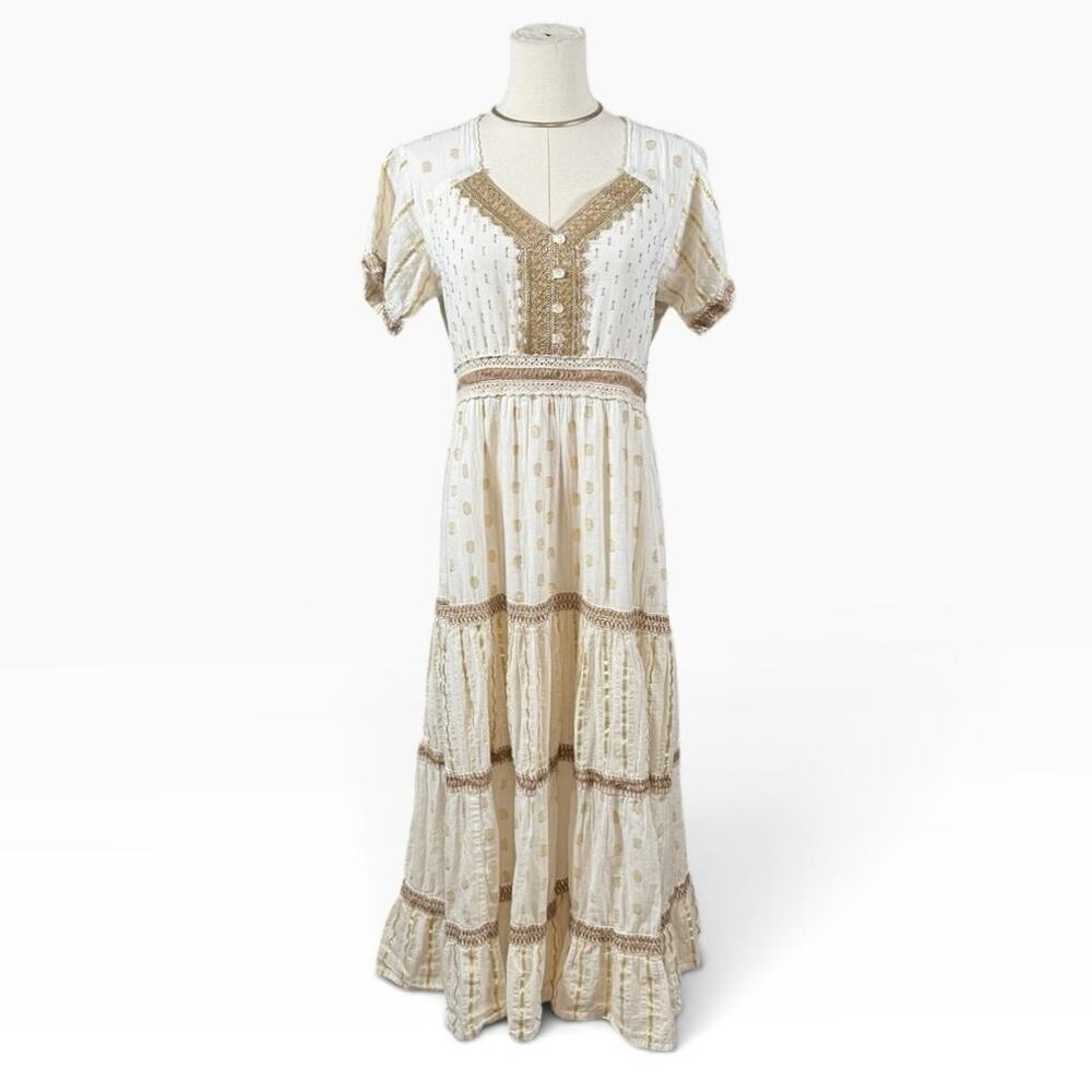 Boho Cotton Midi Dress Size 40 Ivory Gold Metallic Tiered Cottagecore Prairie